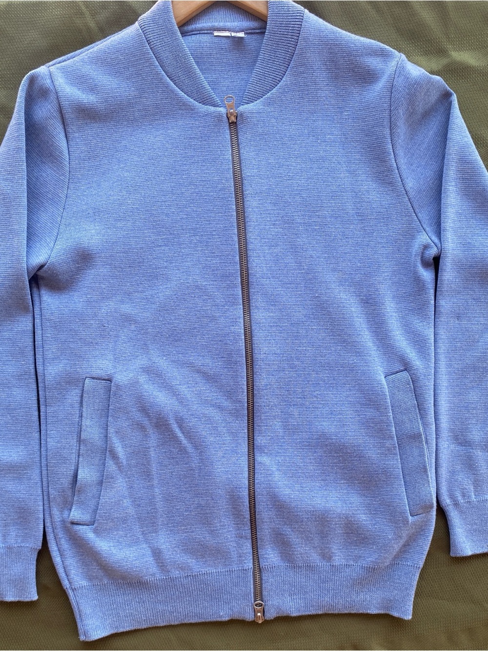 Men’s 100% Fine Italian Merino Wool Light Blue Zip-Up Bomber Sweater Sz M